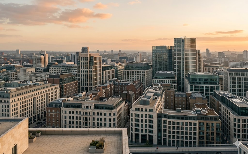 Aerial view of a city skyline at golden hour