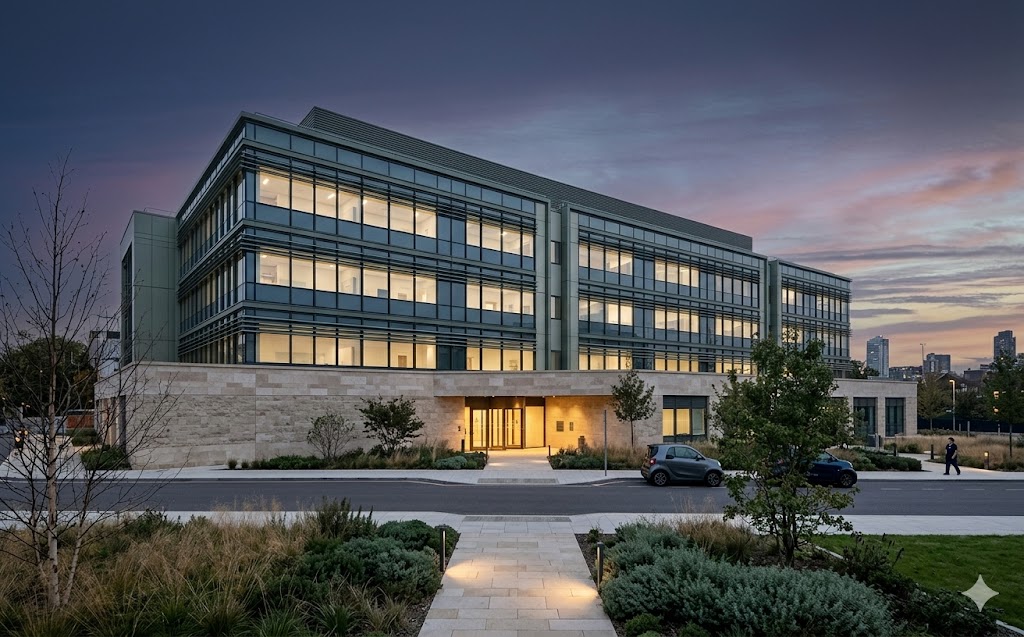 Modern hospital wing exterior, clinical-grade, calm
