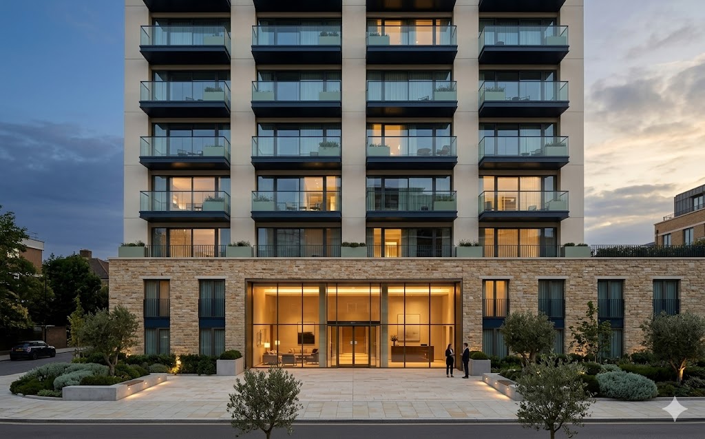 Long-stay hospitality building facade at early evening