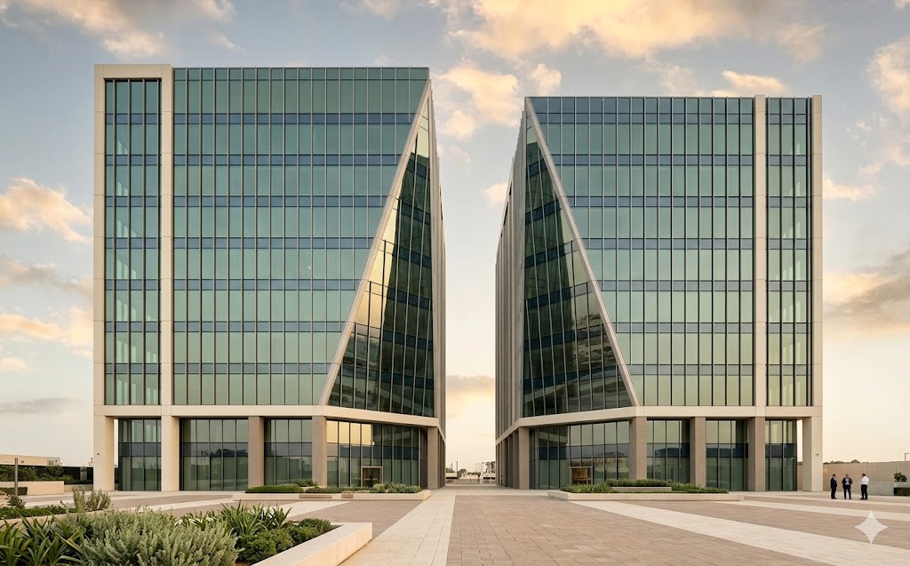 Pair of glazed corporate towers side by side at plaza level
