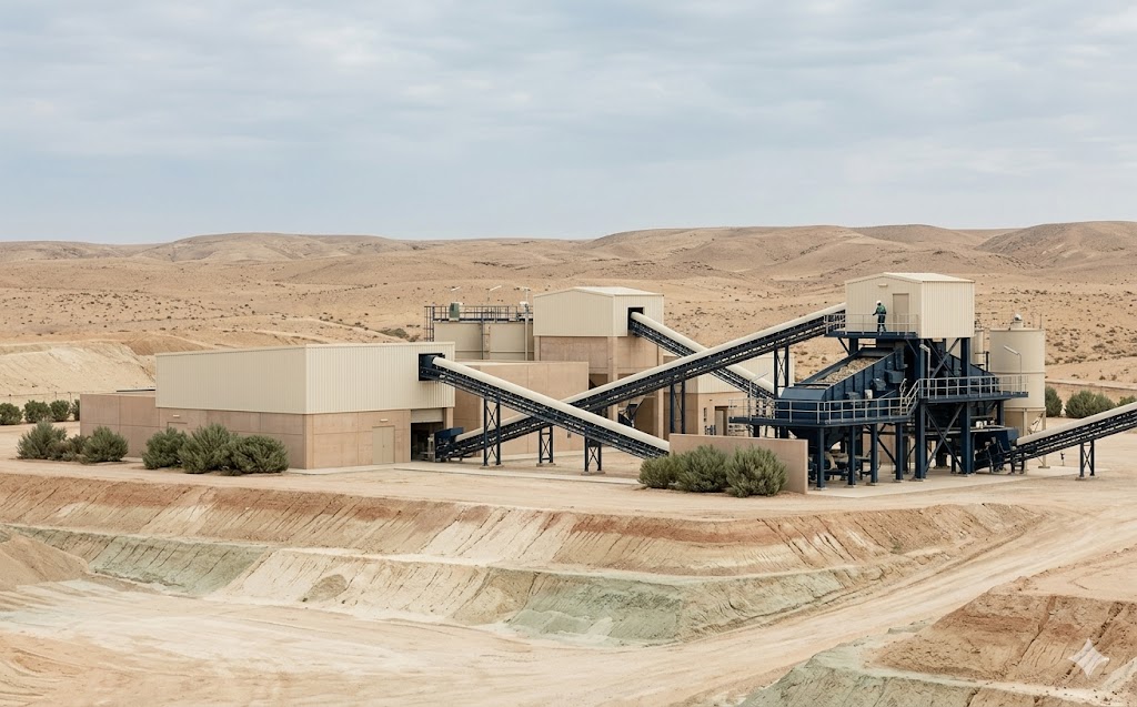 Mineral processing plant in a desert landscape