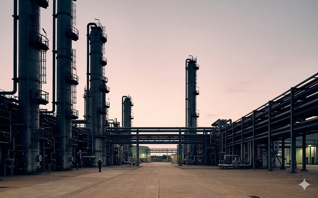 Refinery utilities plant at dawn, distillation columns and pipework