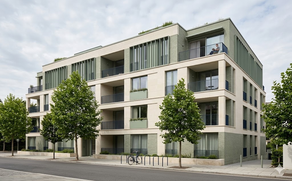Modern residential apartment building exterior in soft daylight