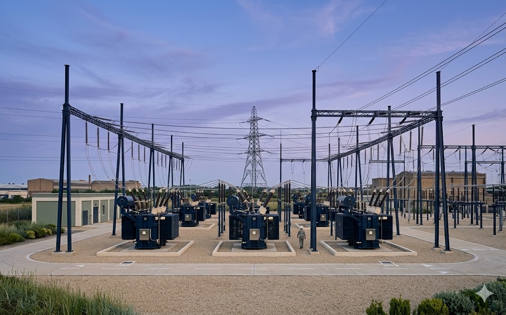 High-voltage electrical substation at dusk