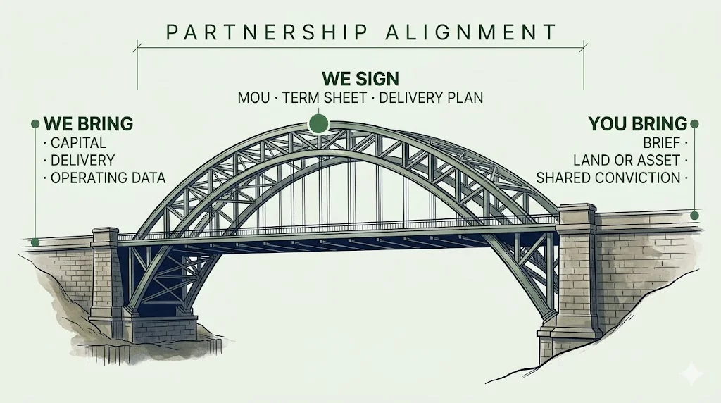 TML Partnerships plate. Architect's elevation of a truss bridge spanning two abutments. Left abutment We Bring: Capital, Delivery, Operating Data. Right abutment You Bring: Brief, Land or Asset, Shared Conviction. Keystone marker We Sign: MOU, Term Sheet, Delivery Plan.