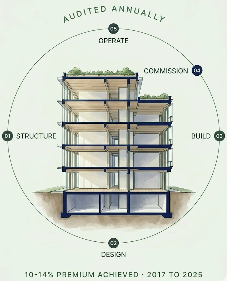 TML Sustainability plate. Building cross-section annotated with the five-stage audit cycle: Structure, Design, Build, Commission, Operate. A closed-curve loop reads Audited Annually. Baseline annotation reads 10 to 14 per cent premium achieved 2017 to 2025.