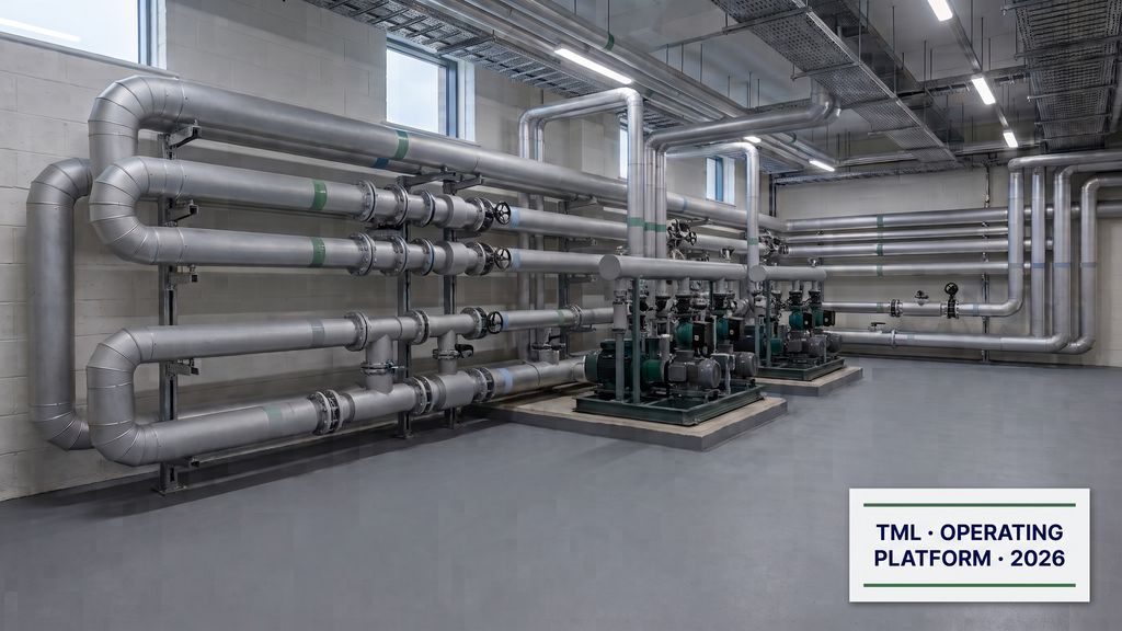 Sustainability as a structuring discipline: the plant room of a completed commercial building, insulated pipework above skid-mounted pump sets
