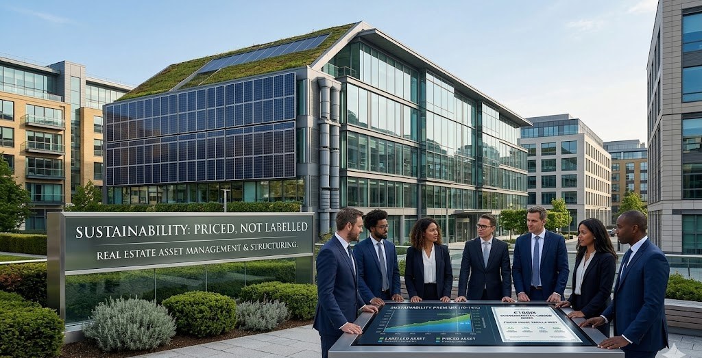 TML team and clients reviewing sustainability returns outside an office with a green roof and solar panels