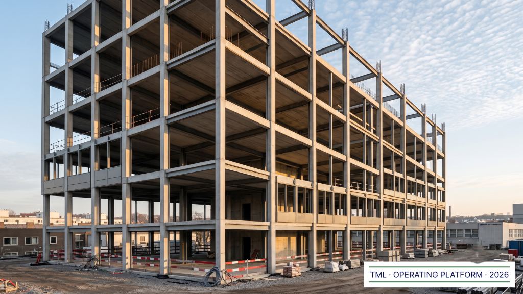 GREAP, structured to compound: the exposed structural frame of a completed mixed-use building at first light