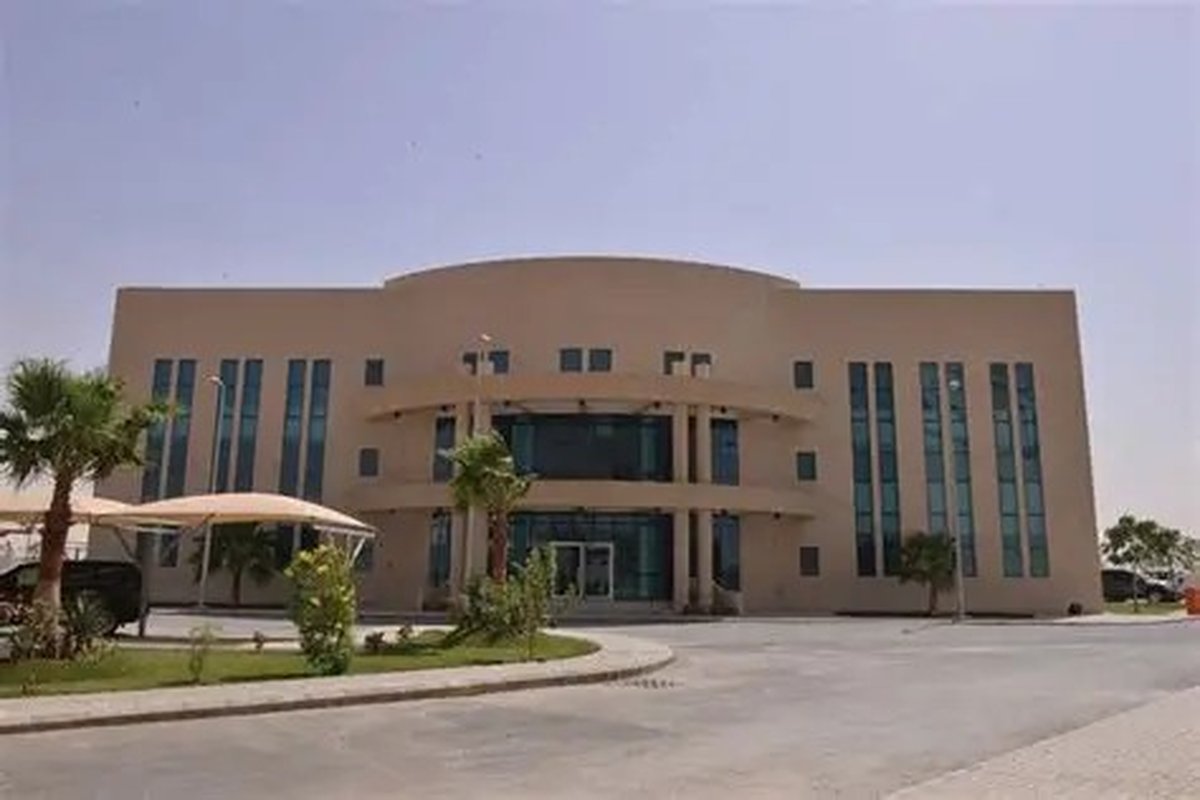 DEEF Pharmaceutical Factory exterior in Saudi Arabia, modern stone facade with palm trees at the entrance
