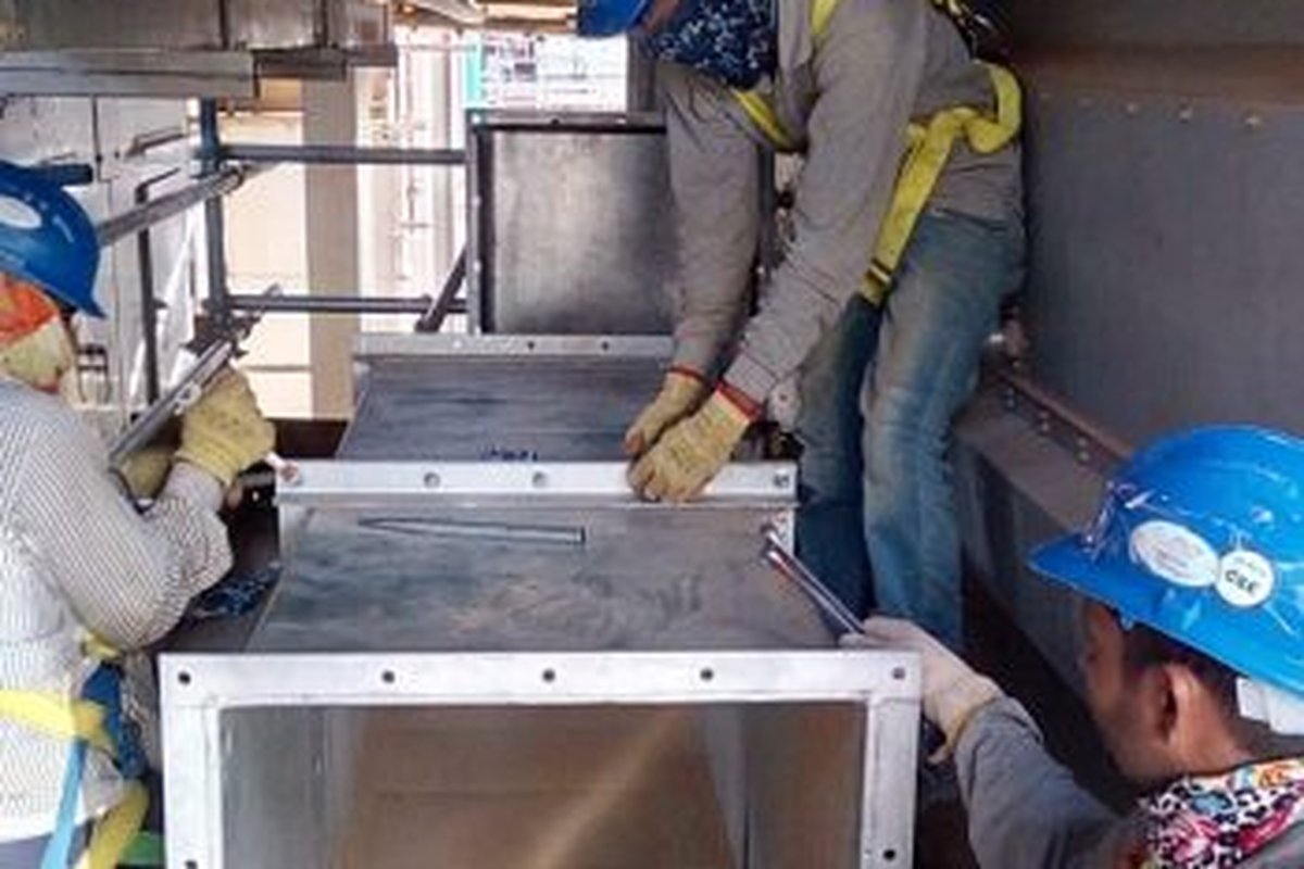 TEMCO MEP team assembling a galvanised steel duct module, mechanical scope for a campus and telecoms infrastructure programme